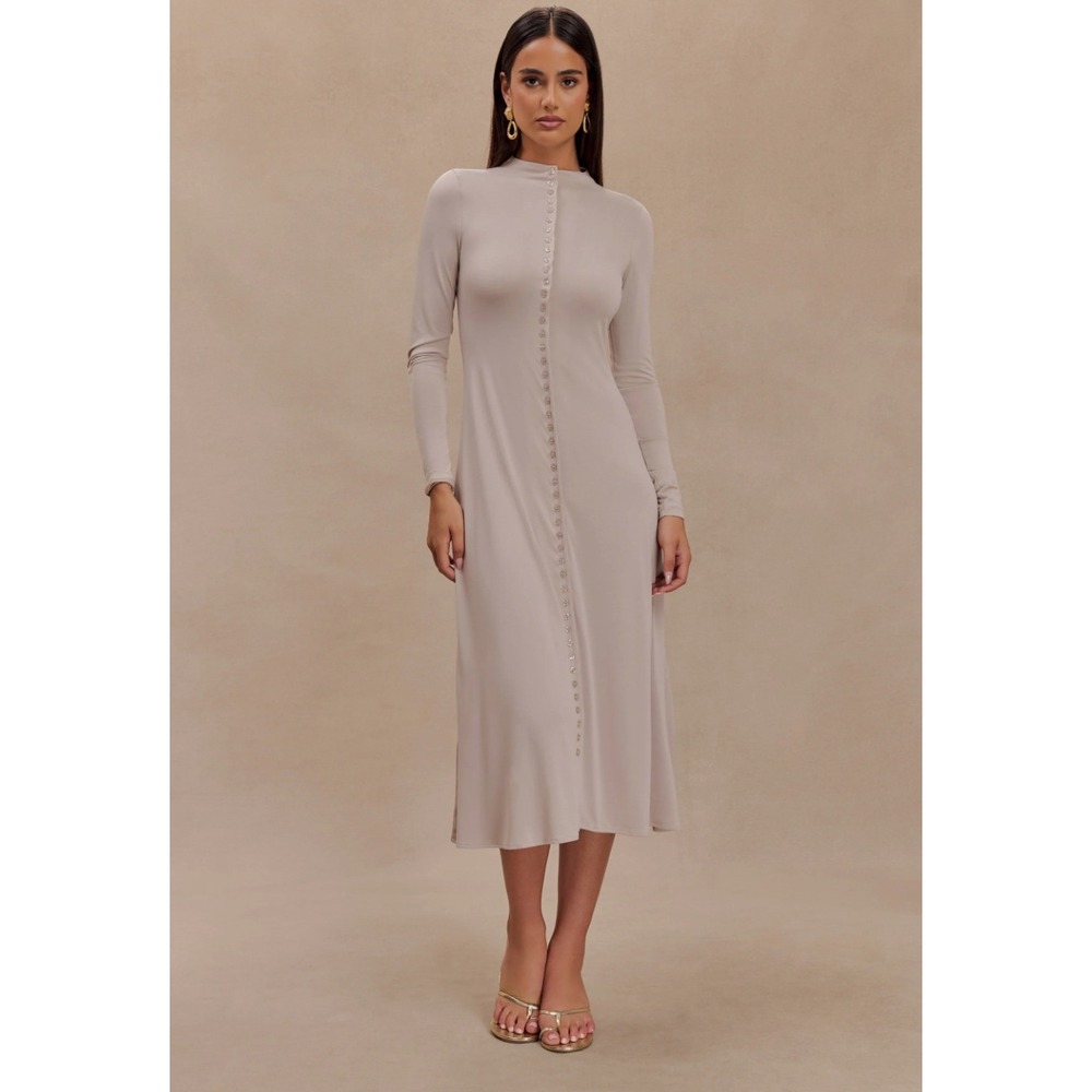 NWT Meshki Anders Dress Women S Taupe Button Front Midi Quiet‎ Luxury Minimalist